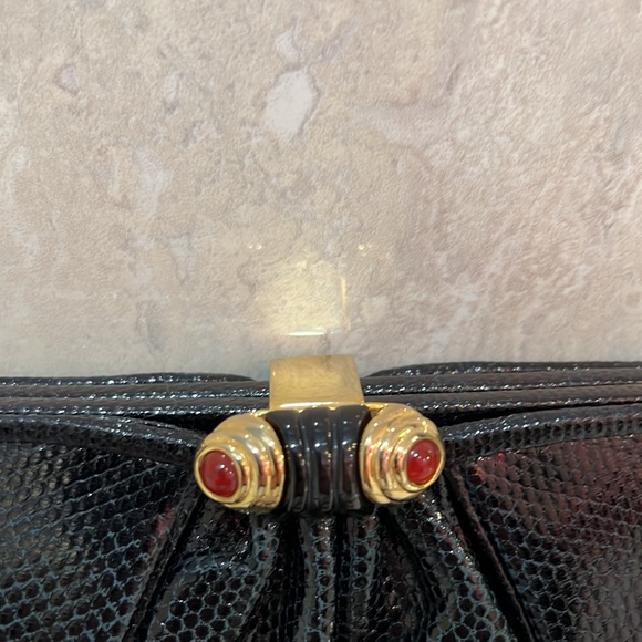 Vintage~Judith Leiber~Black Snake Skin with Gold and Carnelian stones clasp bag - Picture 3 of 9